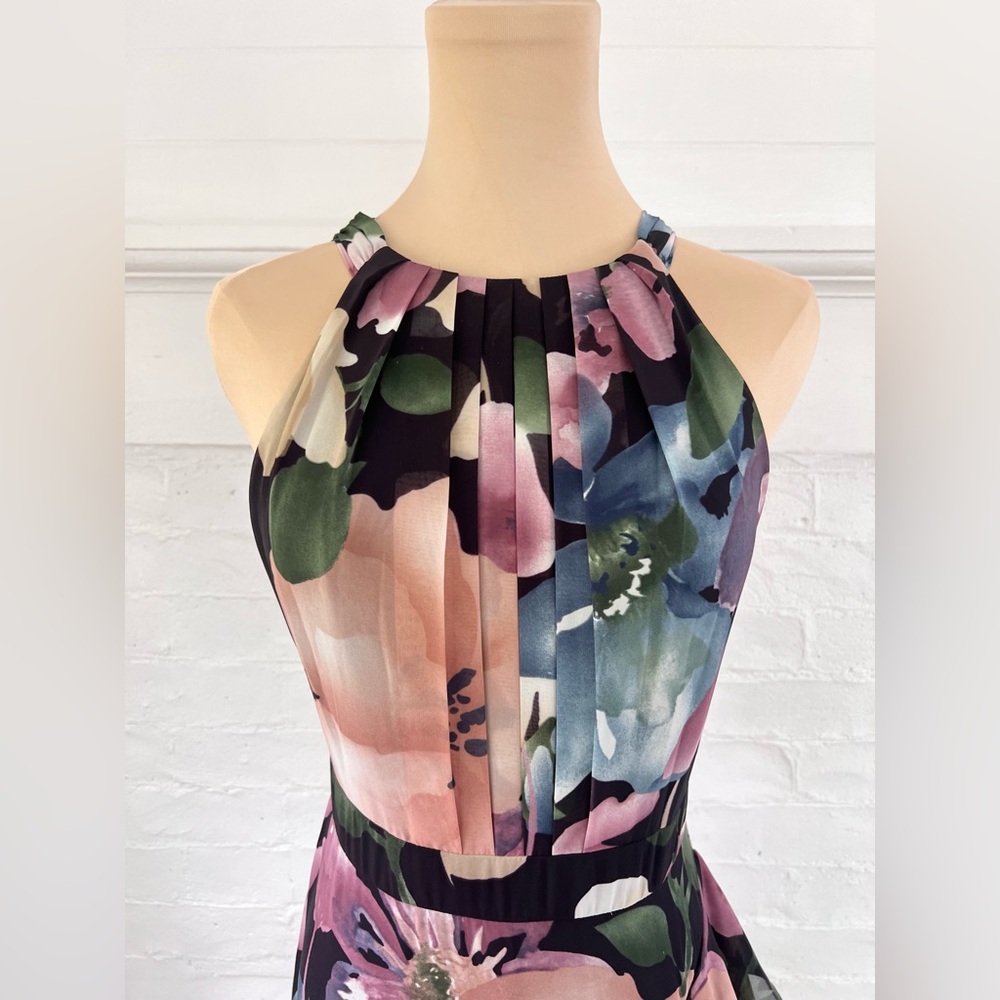 Betsy and Adam Floral Ruffle Slit Chiffon Halter Gown In Wine Rose Chiffon Maxi - Picture 9 of 16